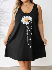 SHEIN CURVE+ Vestido sin mangas talla grande para mujer con estampado minimalista de corazón y margarita, apto para verano y estilo bohemio de vacaciones - Negro - Ver 9