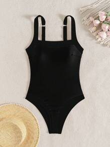 Swim Basics 2026 Spring/Summer Women's Adjustable Thick Strap Solid Black Patchwork Elegant Fitted One-Piece Swimsuit - Black - View 4