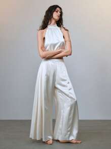 SHEIN LUNE Conjunto de 2 piezas: Top halter de cuello de satén y pantalones acampanados de cintura alta con drapeado