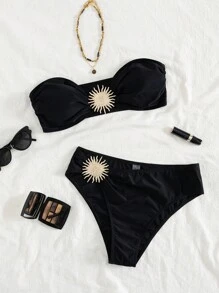 Swim SXY 女士海滩夏季服装，纯色性感防晒配饰抹胸比基尼套装 - 黑色 - 查看 2