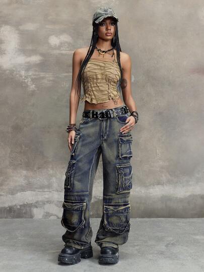 Grunge Punk Jeans de mujer de pierna ancha y ajuste suelto desgastados, estilo callejero punk