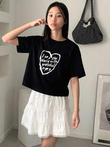 DAZY Set de 2 piezas de parte superior de manga corta con cuello redondo y falda con estampado de letras para niña preadolescente, de estilo minimalista - Negro - Ver 5