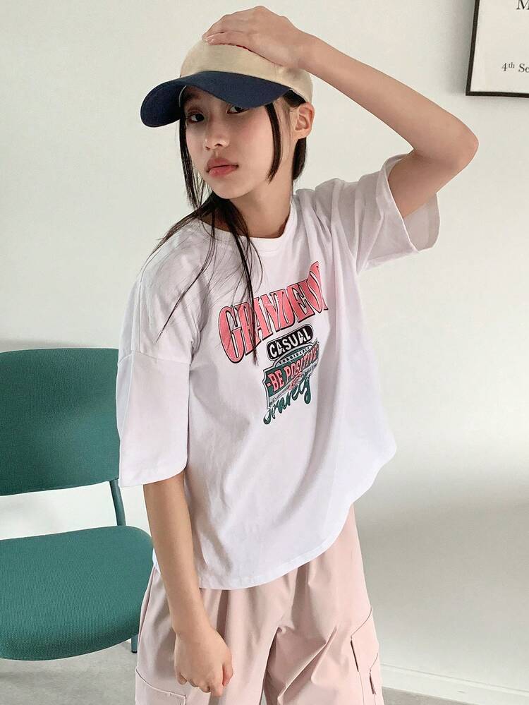 Tween Girl Round Neck Short Sleeve Letter Print Casual T-Shirt Summer,Back To School Clothes