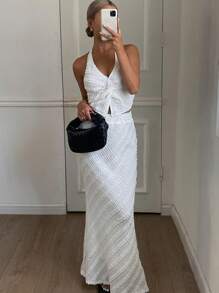 Livesso Women's Solid Color Textured Sleeveless Top And Long Midi Skirt, 2 Pieces Outfit Cruise Outfit For Women Short Sets For Women - White - View 2