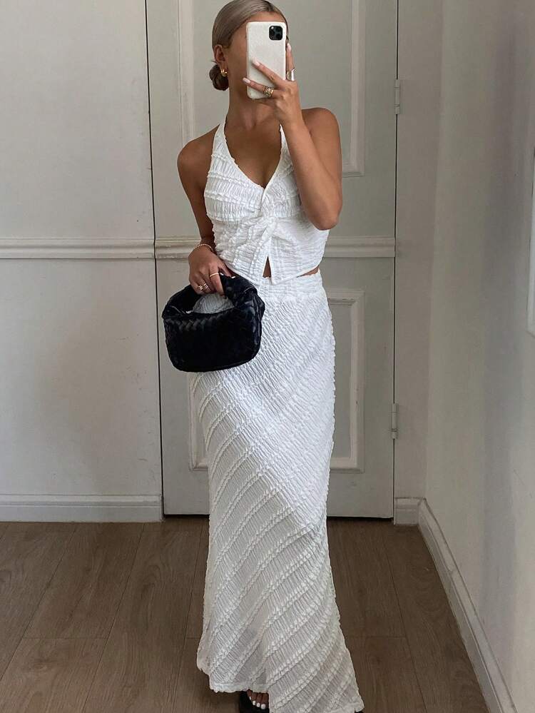 Women's Solid Color Textured Sleeveless Top And Long Midi Skirt, 2 Pieces Outfit Cruise Outfit For Women