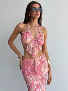 Aloruh Women'sElegant Patchwork Floral Print Maxi Mermaid Skirt Summer Summer Outfits Summer Clothes Beach Outfits For Woman  Beach Vacation Vacation Outfits Woman Boho  Tropical Vacation Woman Clothe Floral Ruffle Dresses For Women Summer - Baby Pink - View 6