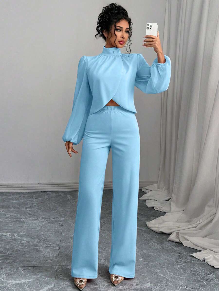 Chiquease Conjunto feminino de 2 peças, gola falsa, bainha assimétrica, manga lanterna - Azul - Ver 1