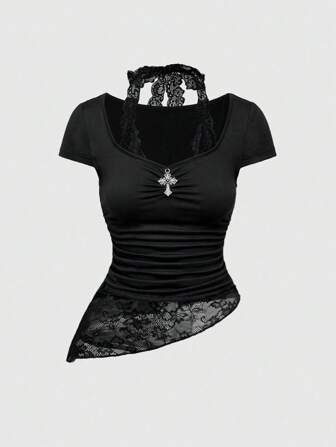 Grunge Punk Gothic Cross Pendant Gentle Lace Patchwork 2 In 1 Scoop Neck Fitted Women T-Shirt
