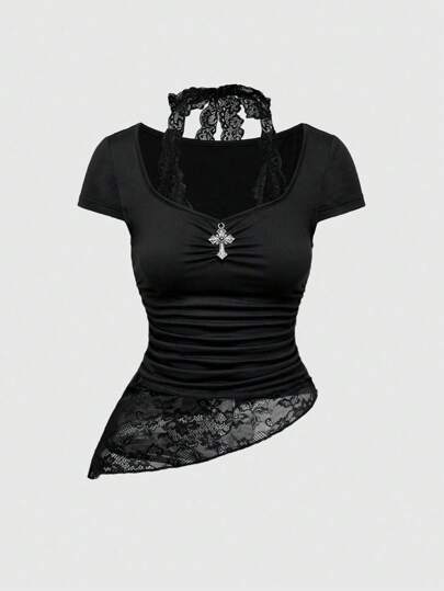 Grunge Punk Gothic Cross Pendant Gentle Lace Patchwork 2 In 1 Scoop Neck Fitted Women T-Shirt