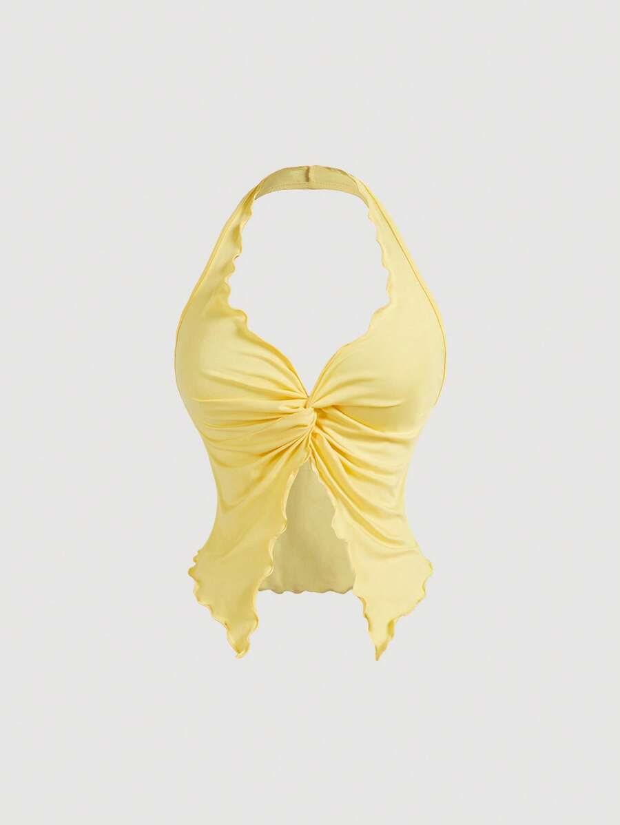 SHEIN MOD 女式露背扭纹针织背心，黄色，夏季短款背心，音乐节，西部女装，露背上衣，可爱夏季上衣 - 黃色 - 查看 1