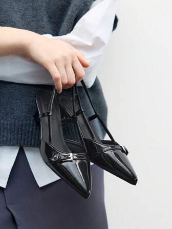 CUCCOO BIZCHIC Women's Pointed Toe Kitten Heel Black Comfortable Versatile Commute & Casual Flat Slingback Shoes