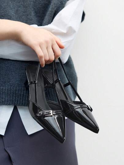 CUCCOO BIZCHIC Zapatos de tacón de gatito de punta fina negros, cómodos y versátiles para ir al trabajo y uso casual con correa trasera