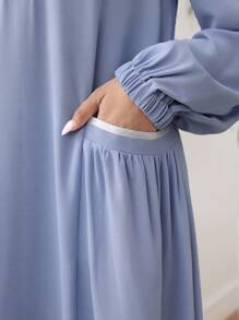 Al Najma 女士拉链长袖时尚口袋温柔优雅阿拉伯风格连衣裙，休闲运动风，适合日常休闲/工作/返校，超长阿拉伯连衣裙，端庄 - 藍色 - 查看 4