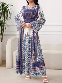 Al Najma U领复古印花喇叭袖摆裙，阿拉伯风格，春夏，端庄