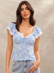 WESTFADE Spring Floral Printed Gingham Checkered Plaid & Lace Cute Sweetheart Neck Bow Tie Front Smocked Open Back Short Ruffle Sleeve Top Western Summer Vacation - Purple - View 1