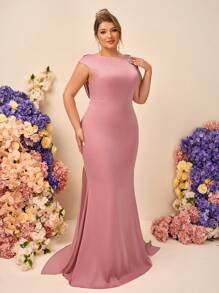 SHEIN Belle Plus Elegant Satin Dress With Faux Pearl Decor, Open Back Mermaid Hem Maxi Bridesmaid Gown