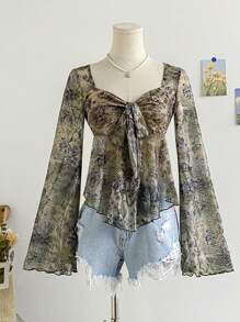 Soleia Women's Vacation Tie Knot Floral Print Long Flare Sleeve Beach Top , Summer Clothes For Women Country Concert - Multicolor - View 5