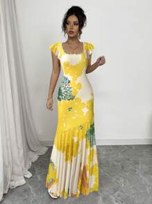 Elenzga 腰果花 U 领盖袖网眼针织修身优雅法式度假连衣裙 - 黃色 - 查看 6