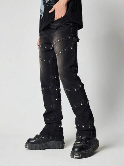 Grunge Punk Men's Punk Slim Fit Rivet Decor Denim Jeans