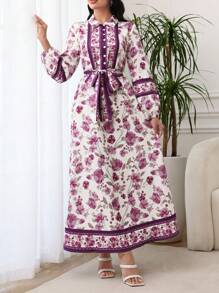 SHEIN Lacomfia Vestido midi con estampado de estación primavera/verano, cuello de camisa, de una sola hilera de botones, y cintura con cinturón