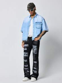 ROMWE MEN Street Life Men's Grunge Fashion Washed Distressed Frayed Hem Denim Jeans - Blue - View 4