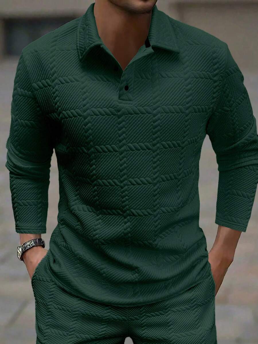Manfinity Homme 男士提花面料纽扣门襟长袖 Polo 衫,春秋,白色纽扣男士 Polo 衫 - 墨綠色 - 查看 1
