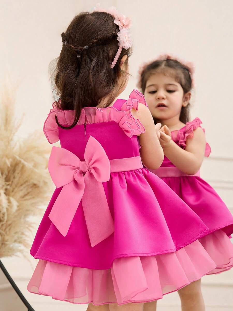 SHEIN Cute Baby Girl Summer Pink Ruffle Trim Dress - Hot Pink - View 1