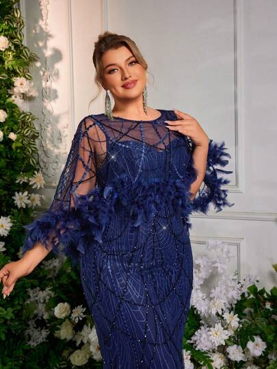 Glamrae 优雅奢华无袖网眼刺绣拼布鹳羽毛美人鱼下摆正式晚礼服、婚礼宾客礼服、大码、派对礼服