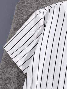 SHEIN 2 件套青少年男孩休闲运动条纹圆领 T 恤和短裤，适合通勤、上学、日常休闲装、运动、春夏 - 軍綠色 - 查看 3