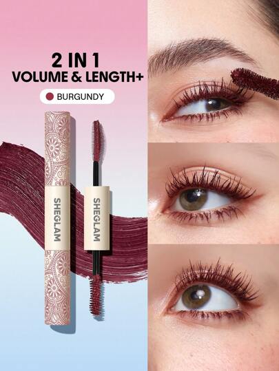 SHEGLAM All-In-One Volume & Length Mascara-Waterproof Burgundy Waterproof Colorful Double Head Brush Easy To Remove No Smudge Curling Separation Thick Black Mascara Brand Beauty Makeup Face Paint Cosmetic For Women Girls Perfect For Fall Winter Ideal For Y2K Fancy Fashion Suitable For Birthday Christmas Present Party Ready Best Color