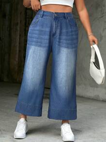 SHEIN EZwear Plus Size Women's Loose Fit Casual Beach Vacation Flared 7/8 Length Denim Pants, Blue - Light Wash - View 5