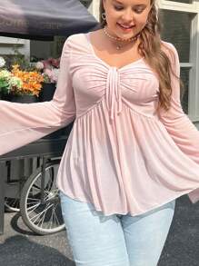 Plus Size Mesh Casual Top, Suitable For Summer Fall Cloth For Women - Baby Pink - View 4