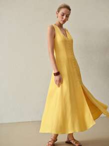 MOTF PREMIUM VÁY HỖN HỢP LANH MIDI CỔ CHỮ V, CỔ ... - Màu vàng - Xem 6