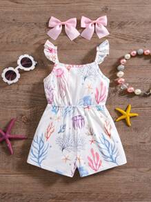 SHEIN Babygirl 休闲针织弹力可爱卡通吊带连体衣，适合夏季