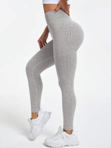Easithlete 女士纯色高腰无缝运动瑜伽紧身裤 - 淺灰色 - 查看 7