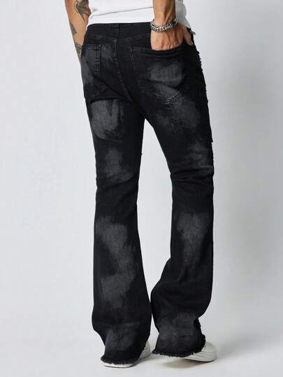 Grunge Punk Jeans en denim délavé et déchiré, à ourlet effiloché, mode homme