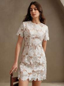 Anewsta 女士短袖刺绣优雅修身迷你连衣裙，性感，适合春夏季 - 杏色 - 查看 2