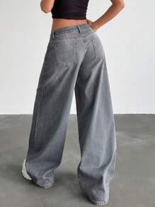 EURMUSE Quần Jeans Ống Rộng Cạp Thấp Chi Tiết - Xám - Xem 2