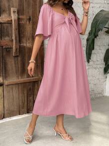 SHEIN Casual Maternity Midi Dress With Bow Front & Ruffle Sleeves - Dusty Pink - View 5
