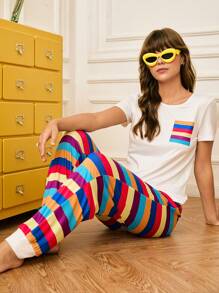 2pcs Women Stripe Pajamas Set, Minimalist And Fashionable, Suitable For Summer - Multicolor - View 2