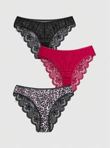 ROMWE Goth Set de 3 piezas de bragas estilo oscuro talla grande con estampado de leopardo y encaje en parches