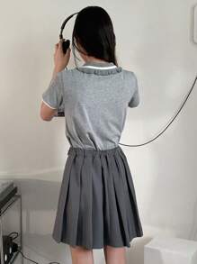 DAZY 2 件套女童撞色短袖上衣和百褶裙，女童夏季服装，返校服装 - 灰色 - 查看 6