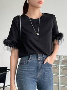 DAZY Camiseta de cuello redondo con puños de felpa, estilo preppy - Negro - Ver 1