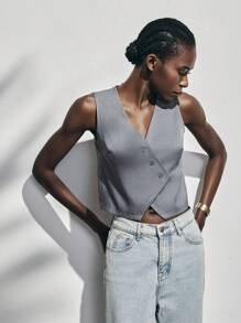 Lumivelle Women's Spring/Summer V-Neck Diagonal Front Button Vest Design Grey Thin Suit Jacket