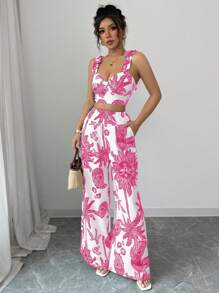 Elenzga Bohemian Blue & White Print Strap Tie Front Crop Top And Straight Leg Long Pants 2 Pieces Set, Holiday Style - Hot Pink - View 6