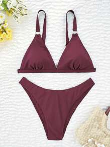 SHEIN Swim 2026 Spring/Summer Women's Adjustable Strap Silver Ring Buckle V-Neck Burgundy Side High Cut Bottoms Vacation Bikini 2-Piece Swimsuit - Burgundy - View 4