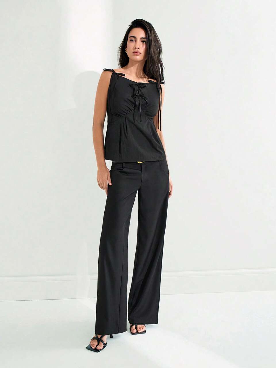 SHEIN Maija Casual Bowknot Trim Black Top, Fashion Vacation Comfort Wear, Spring Summer 2025 New Arrival