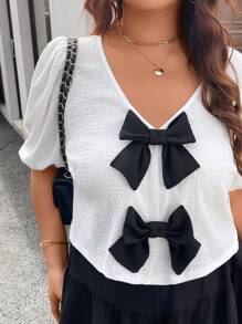 SHEIN LUNE Plus Size Women 2 Pieces Set: Bow Decor Blouse And Black Pants, Perfect For Valentine's Day, Love/Lover Spring Break Boho Rave Outfits Festival Spring Break Outfits Old Money Style Women Rave Outfits Brunch Outfits For Women Fairycore - Black and White - View 7