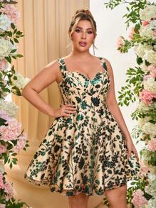 Lovelzi Plus Size Elegant Sequin Floral Asymmetric Hem Cocktail Dress, Mini Party Dress, Wedding Guest Dress, Prom Dress