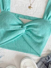 Soleia Summer For Women,Summer Tops,Vacation Woman,Easter,Crop Tops,Crop Tops Women,Cute Tops,Western Wear Women,Rave Festival,Concert Women,Vacation Women's Knit Top With Metallic Thread, Twist Knot On Front, Plunging Neckline, Cropped Style - Blue - View 7